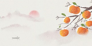 白色中国风柿子山水小雪船舶霜降展板背景寒露霜降